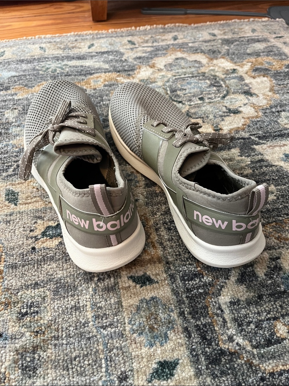 New Balance Olive Green and Light Pink Slip-On Athletic Sneakers